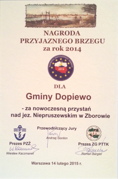 Nagroda Przyjaznego Brzegu 2014 r. za przystań wodną w Zborowie